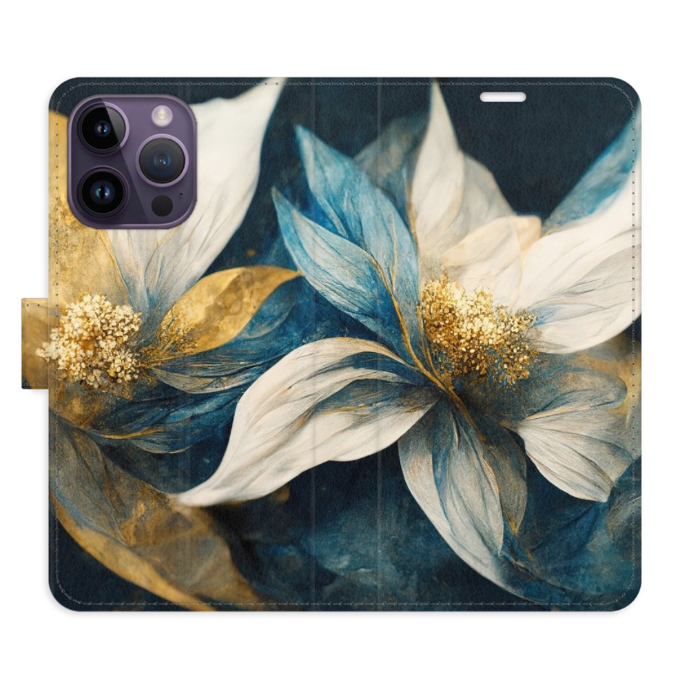 Flipové pouzdro iSaprio - Gold Flowers - iPhone 14 Pro Max