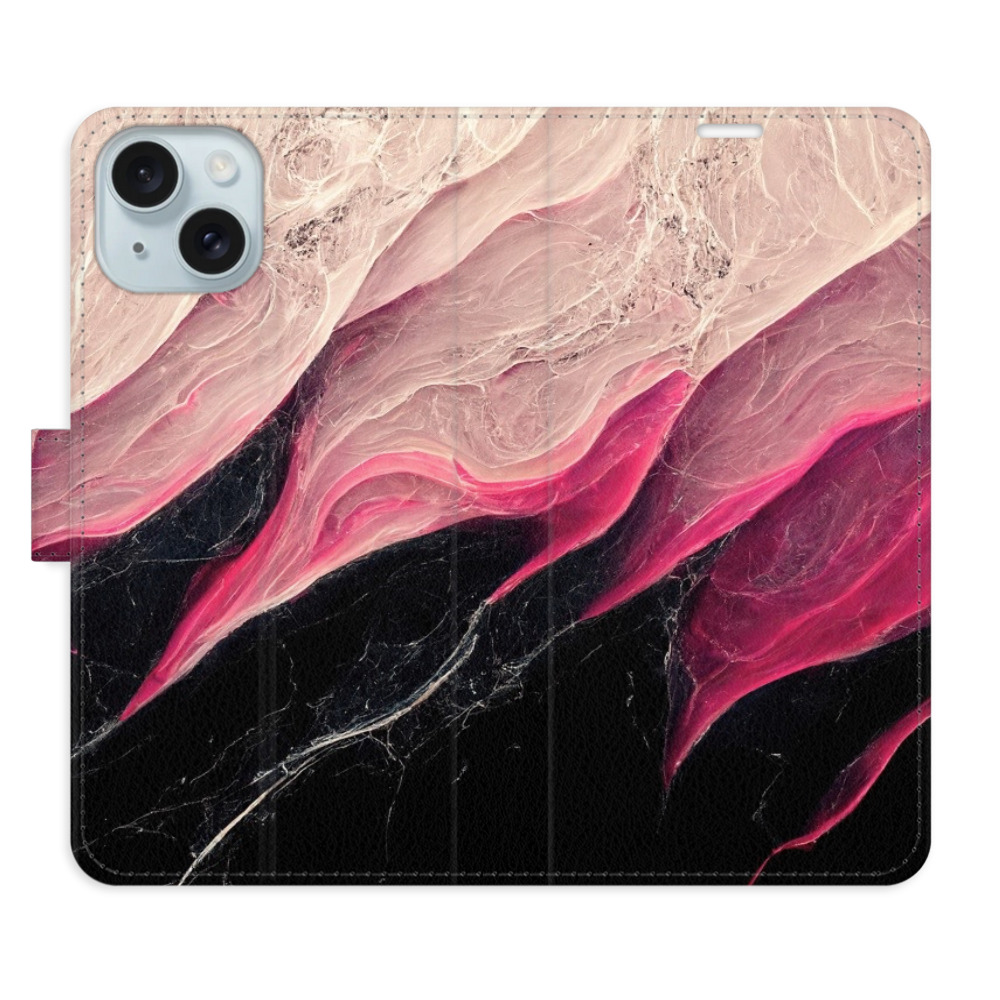 Knížkové flip pouzdro iSaprio s kapsičkami na karty - BlackPink Marble - Apple iPhone 15 (Flip knížkové pouzdro, kryt, obal iSaprio s kapsičkami na karty a motivem BlackPink Marble na mobil Apple iPhone 15)