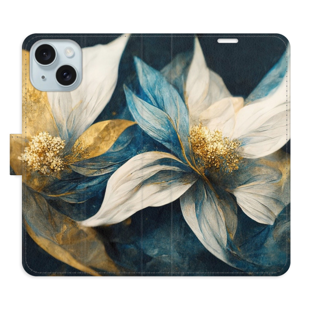 Knížkové flip pouzdro iSaprio s kapsičkami na karty - Gold Flowers - Apple iPhone 15 (Flip knížkové pouzdro, kryt, obal iSaprio s kapsičkami na karty a motivem Gold Flowers na mobil Apple iPhone 15)