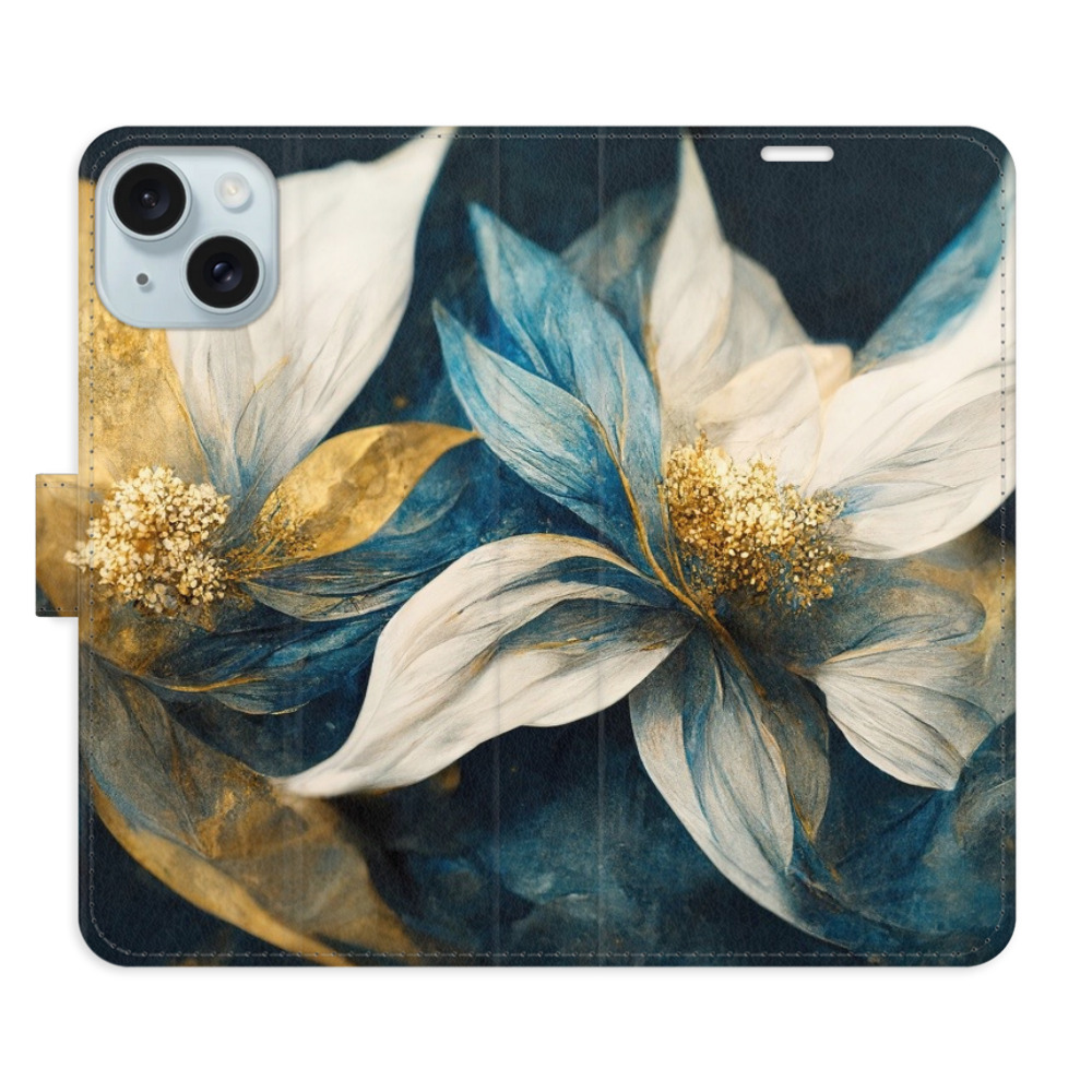 Knížkové flip pouzdro iSaprio s kapsičkami na karty - Gold Flowers - Apple iPhone 15 Plus (Flip knížkové pouzdro, kryt, obal iSaprio s kapsičkami na karty a motivem Gold Flowers na mobil Apple iPhone 15 Plus)