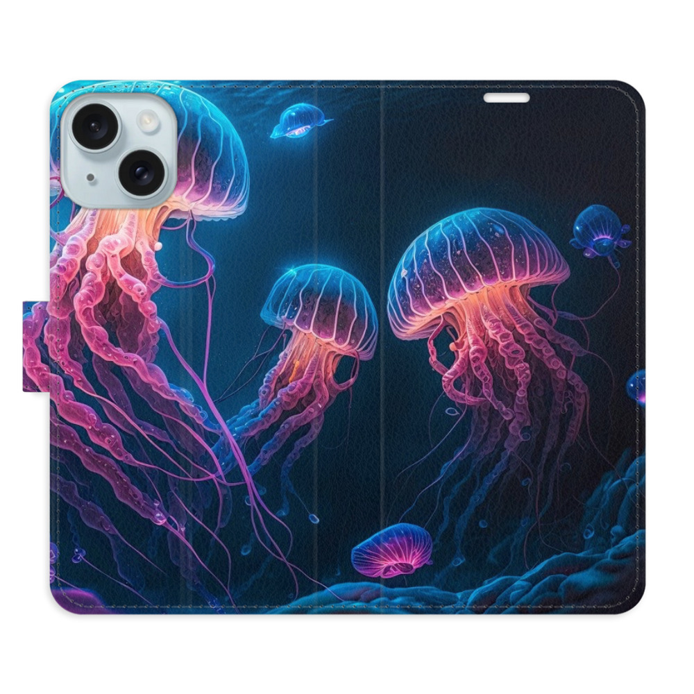 Knížkové flip pouzdro iSaprio s kapsičkami na karty - Jellyfish - Apple iPhone 15 Plus (Flip knížkové pouzdro, kryt, obal iSaprio s kapsičkami na karty a motivem Jellyfish na mobil Apple iPhone 15 Plus)