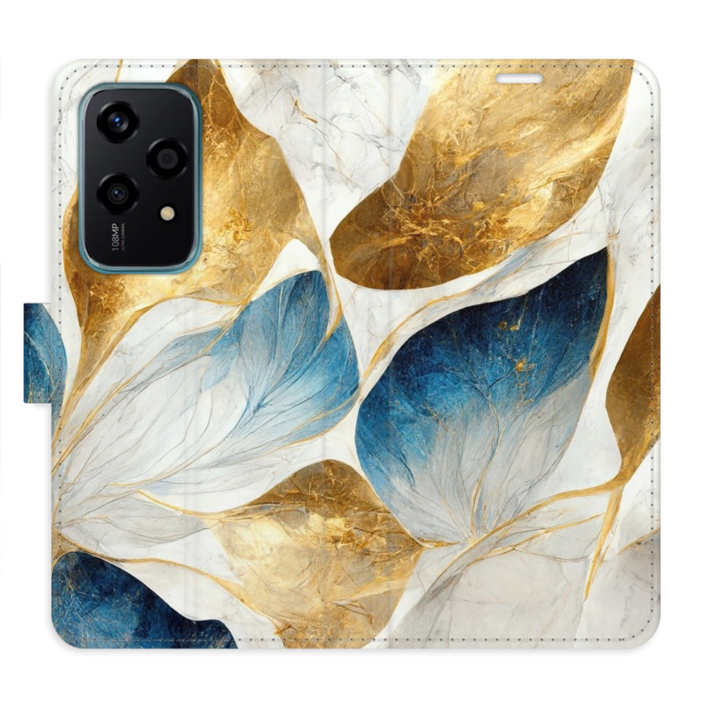 Knížkové flip pouzdro iSaprio s kapsičkami na karty - GoldBlue Leaves - Honor 200 Lite (Flip knížkové pouzdro, kryt, obal iSaprio s kapsičkami na karty a motivem - GoldBlue Leaves - Honor 200 Lite)