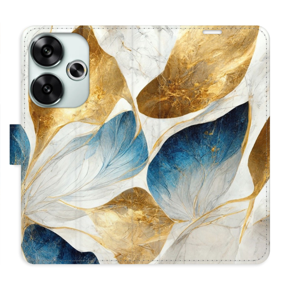 Knížkové flip pouzdro iSaprio s kapsičkami na karty - GoldBlue Leaves - Xiaomi Poco F6 (Flip knížkové pouzdro, kryt, obal iSaprio s kapsičkami na karty a motivem - GoldBlue Leaves - Xiaomi Poco F6)