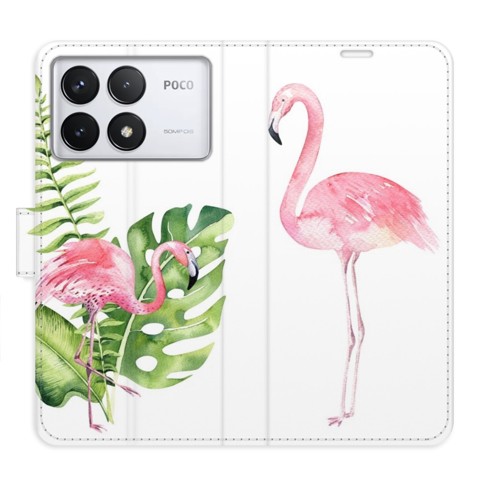 Knížkové flip pouzdro iSaprio s kapsičkami na karty - Flamingos - Xiaomi Poco F6 Pro (Flip knížkové pouzdro, kryt, obal iSaprio s kapsičkami na karty a motivem - Flamingos - Xiaomi Poco F6 Pro)