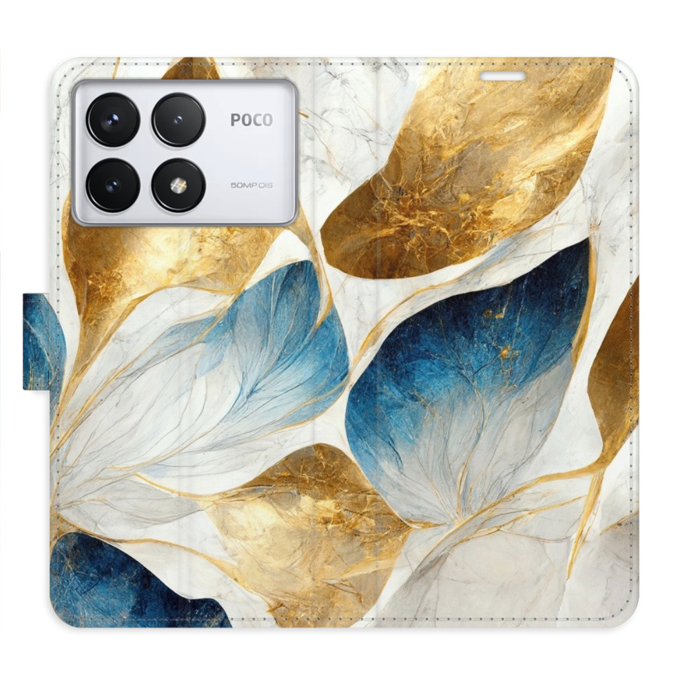 Knížkové flip pouzdro iSaprio s kapsičkami na karty - GoldBlue Leaves - Xiaomi Poco F6 Pro (Flip knížkové pouzdro, kryt, obal iSaprio s kapsičkami na karty a motivem - GoldBlue Leaves - Xiaomi Poco F6 Pro)